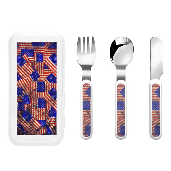 Easygdp Vintage USA Flag 3-Piece Flatware Set Kids Silverware, Stainless Steel Toddler Kids Utensils Safe for Preschooler Children