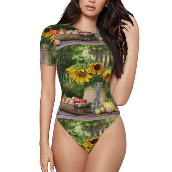 Easygdp Vintage Wooden Bucket Women's One-Piece Swimsuit Slim Fit Crew Neck Bodysuit Athletic Swimwear with Concealed Buckle - Small