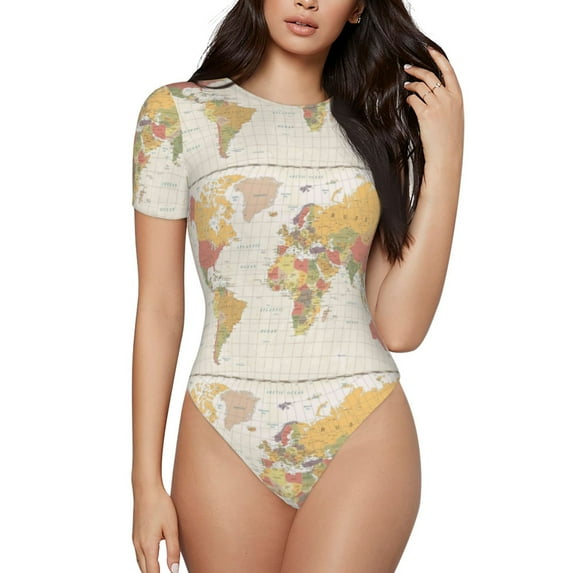 Easygdp Vintage World Map1 Women's One-Piece Swimsuit Slim Fit Crew Neck Bodysuit Athletic Swimwear with Concealed Buckle - Small