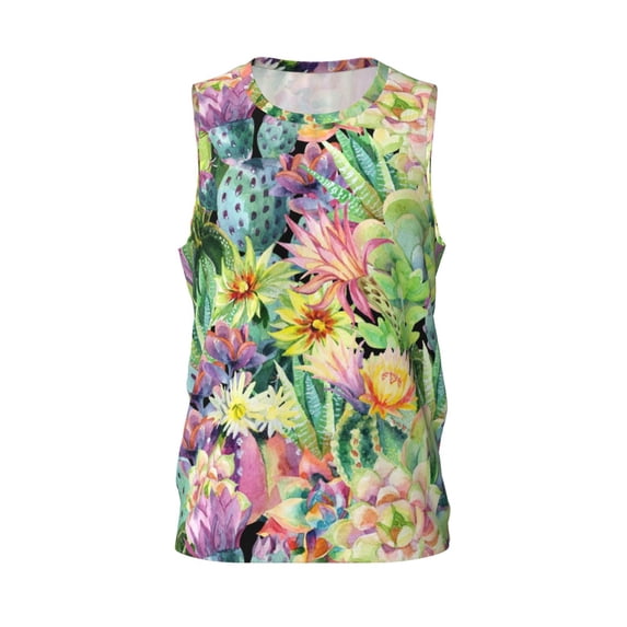 Easygdp Watercolor Blooming Cactus Men's Mesh Basketball Jersey Quick Drying Sleeveless Shirts Fitted Muscle Tank Tops Sport Round Neck T-Shirt - 3X-Large