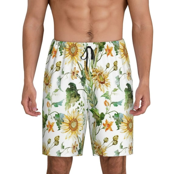 Easygdp Watercolor Bright Sunflowers Men's Short Pajama Pants, Sleep Shorts, Household Pants, Casual Pants with Pockets - Large