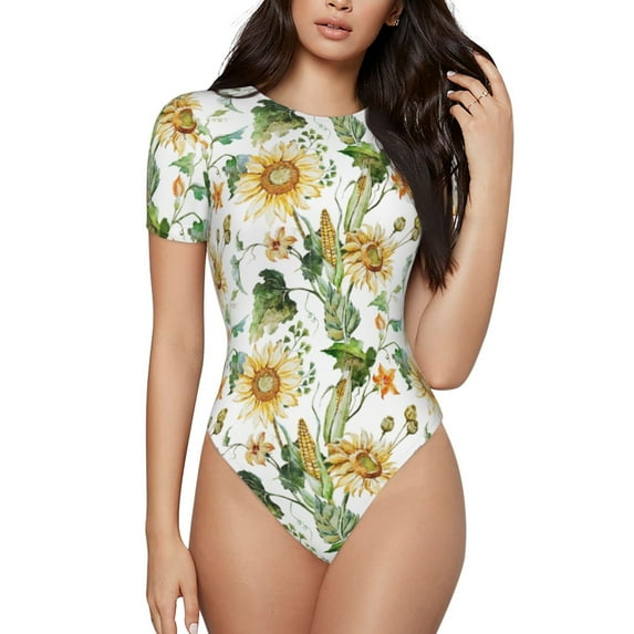 Easygdp Watercolor Bright Sunflowers Women'S Waist-Cinching Short-Sleeved Onesie, Olastic Onesiet,Snaps At Bottom,Easy To Put On And Take Off - Small