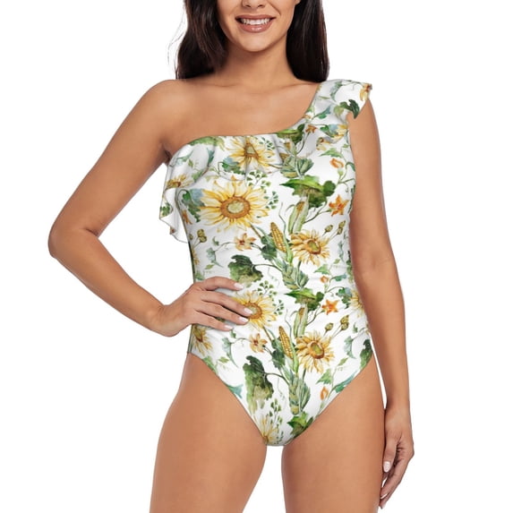 Easygdp Watercolor Bright Sunflowers Women's One Shoulder Ruffle Monokini Bathing Suits with Removable Chest Pad, Quick Drying - Small