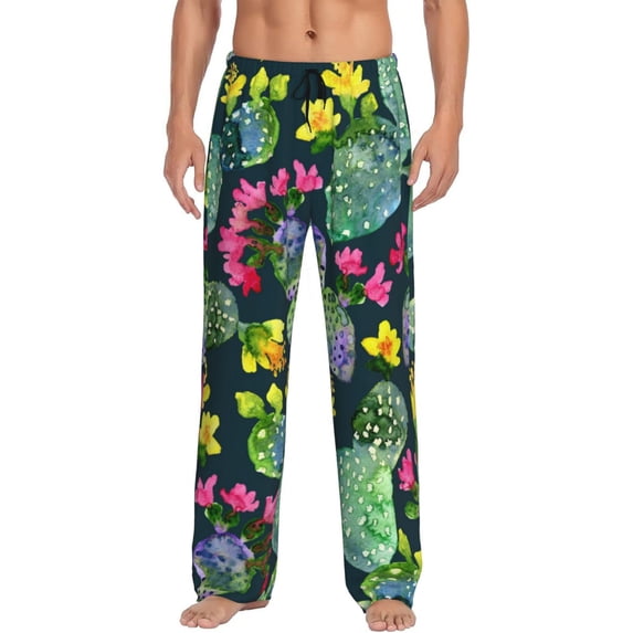 Easygdp Watercolor Cactuses Men's Pajama Pant, Sleep Elastic Waistband Lounge Pants - X-Large