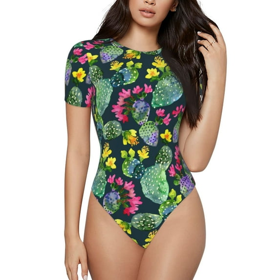 Easygdp Watercolor Cactuses Women's One-Piece Swimsuit Slim Fit Crew Neck Bodysuit Athletic Swimwear with Concealed Buckle - X-Large