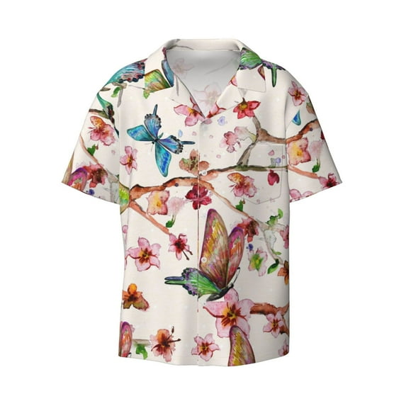 Easygdp Watercolor Floral With Butterflies Men's Casual Short-sleeved Shirt with Pocket and Button Suitable for Beach Vacation Leisure - Small