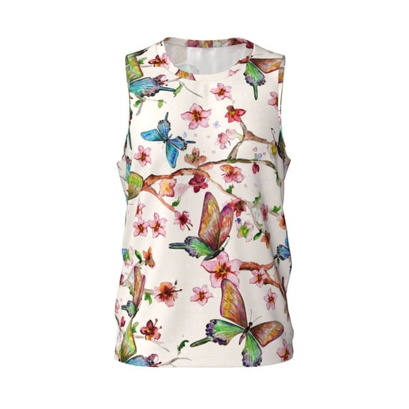 Easygdp Watercolor Floral With Butterflies Men's Mesh Basketball Jersey Quick Drying Sleeveless Shirts Fitted Muscle Tank Tops Sport Round Neck T-Shirt - Large
