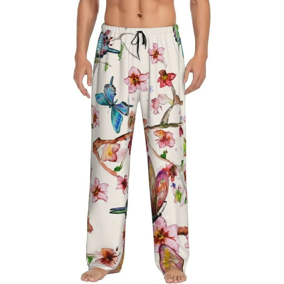 Easygdp Watercolor Floral With Butterflies Men's Pajama Pant, Sleep Elastic Waistband Lounge Pants - Large