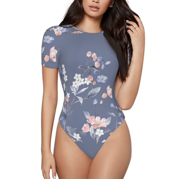 Easygdp Watercolor Flowers Butterfly Women's One-Piece Swimsuit Slim Fit Crew Neck Bodysuit Athletic Swimwear with Concealed Buckle - Medium