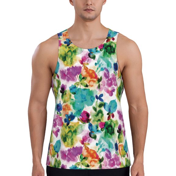 Easygdp Watercolor Flowers Men's Tank Top, Sleeveless Muscle T Shirts, Breathable, Quick-Dry, Loose for Gym, Running, Fitness - Large