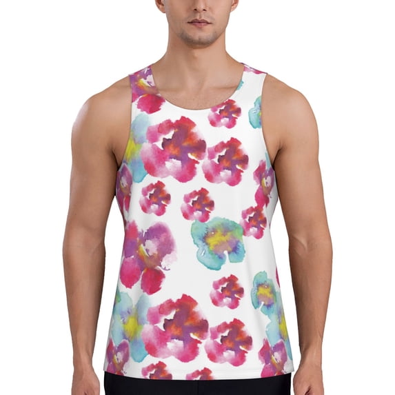 Easygdp Watercolor Flowers Men's Tank Top, Sleeveless Muscle T Shirts, Breathable, Quick-Dry, Loose for Gym, Running, Fitness - XX-Large