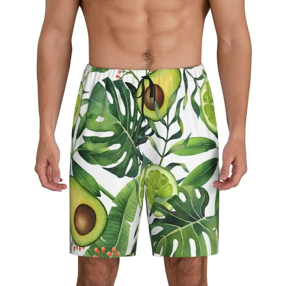 Easygdp Watercolor Green Tropical Men's Short Pajama Pants, Sleep Shorts, Household Pants, Casual Pants with Pockets - 4X-Large