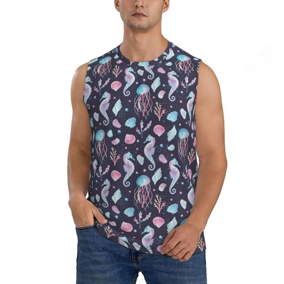 Easygdp Watercolor Marine Animals Men's Breathable Tank Tops Sleeveless Sporty T Shirts for Basketball, Mountaineering, Bodybuilding -Medium