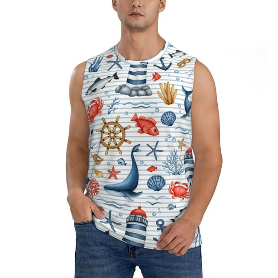 Easygdp Watercolor Nautical Men's Breathable Tank Tops Sleeveless Sporty T Shirts for Basketball, Mountaineering, Bodybuilding -Medium