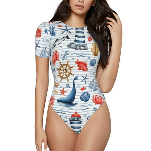 Easygdp Watercolor Nautical Women'S Waist-Cinching Short-Sleeved Onesie, Olastic Onesiet,Snaps At Bottom,Easy To Put On And Take Off - Medium