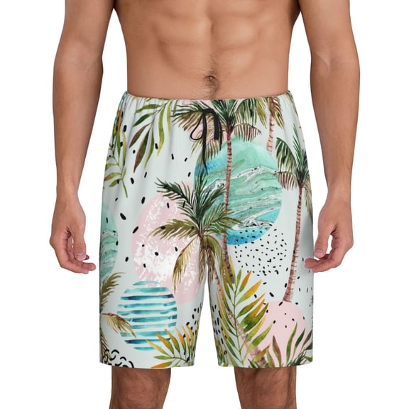Easygdp Watercolor Palm Tree Men's Short Pajama Pants, Sleep Shorts, Household Pants, Casual Pants with Pockets - X-Large