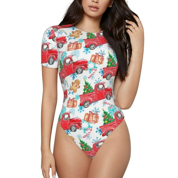 Easygdp Watercolor Red Truck And Fir Tree Women's One-Piece Swimsuit Slim Fit Crew Neck Bodysuit Athletic Swimwear with Concealed Buckle - Medium