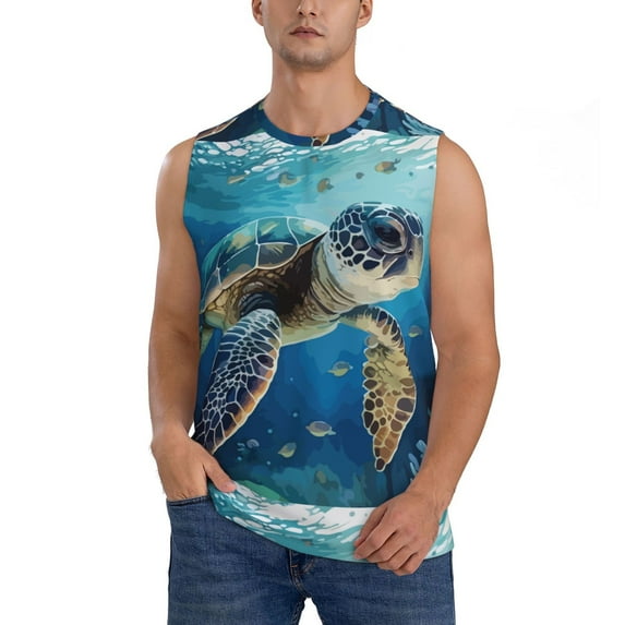 Easygdp Watercolor Turtle Men's Breathable Tank Tops Sleeveless Sporty T Shirts for Basketball, Mountaineering, Bodybuilding -XX-Large