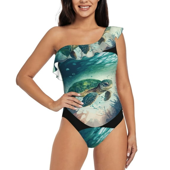 Easygdp Watercolor Turtle5 Women's One Shoulder Ruffle Monokini Bathing Suits with Removable Chest Pad, Quick Drying - Small
