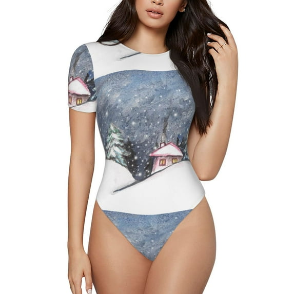 Easygdp Watercolor Winter Landscape For Christmas Women's One-Piece Swimsuit Slim Fit Crew Neck Bodysuit Athletic Swimwear with Concealed Buckle - XX-Large