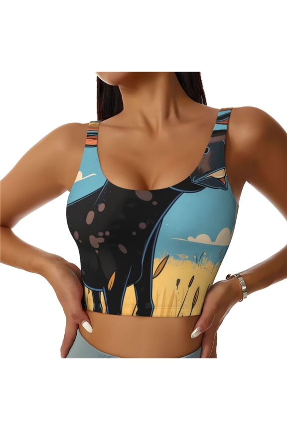Whimsical Cartoon Cow Seamless Sports Bra for Women, High Impact Yoga Exercise Athletic Bras - Available in Various Sizes-