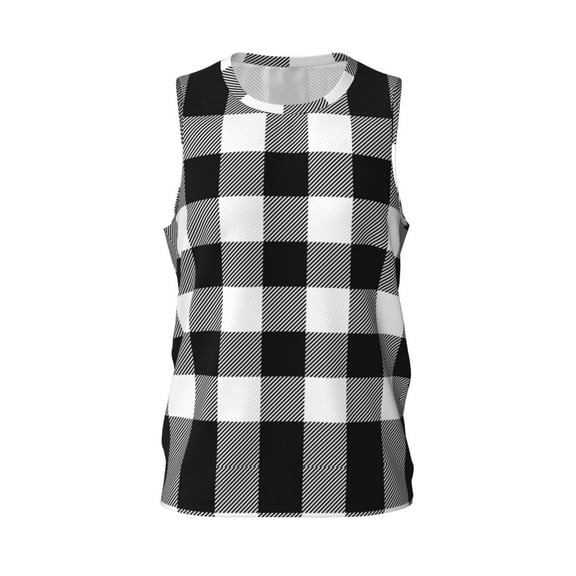 Easygdp White And Black Plaid Men's Mesh Basketball Jersey Quick Drying Sleeveless Shirts Fitted Muscle Tank Tops Sport Round Neck T-Shirt - Large