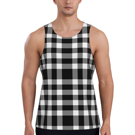Easygdp White And Black Plaid Men's Tank Top, Sleeveless Muscle T Shirts, Breathable, Quick-Dry, Loose for Gym, Running, Fitness - Small
