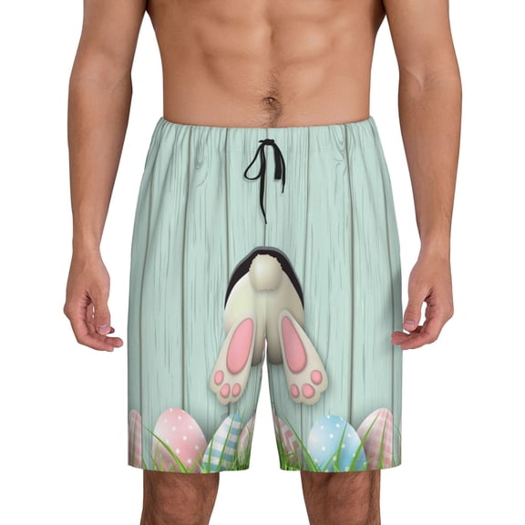 Easygdp White Bunny Bottom And Easter Eggs Men's Short Pajama Pants, Sleep Shorts, Household Pants, Casual Pants with Pockets - Small