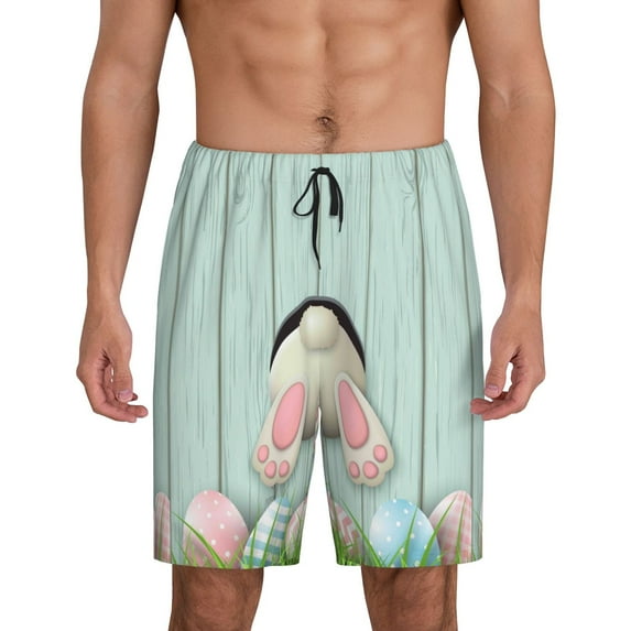 Easygdp White Bunny Bottom And Easter Eggs Men's Short Pajama Pants, Sleep Shorts, Household Pants, Casual Pants with Pockets - Small