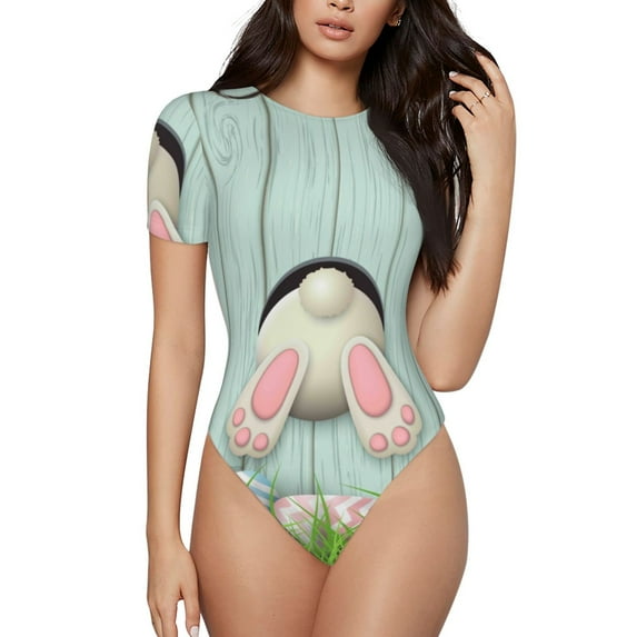 Easygdp White Bunny Bottom And Easter Eggs Women's One-Piece Swimsuit Slim Fit Crew Neck Bodysuit Athletic Swimwear with Concealed Buckle - X-Large
