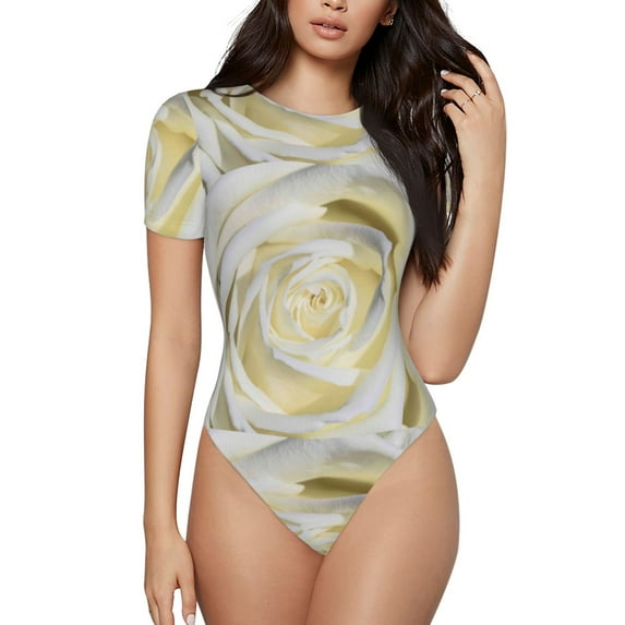 Easygdp White Rose Women's One-Piece Swimsuit Slim Fit Crew Neck Bodysuit Athletic Swimwear with Concealed Buckle - X-Large
