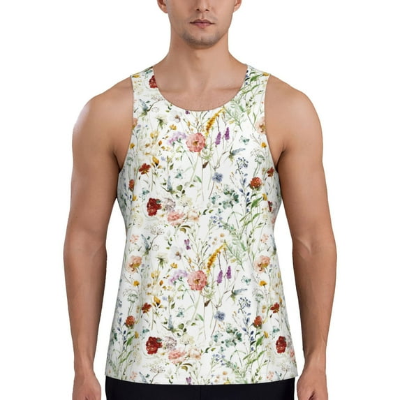 Easygdp Wildflower Watercolor Men's Tank Top, Sleeveless Muscle T Shirts, Breathable, Quick-Dry, Loose for Gym, Running, Fitness - Large