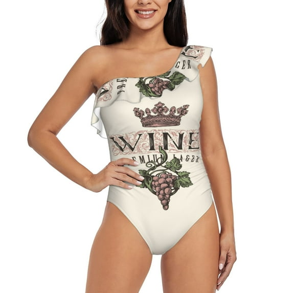 Easygdp Wine Women's One Shoulder Ruffle Monokini Bathing Suits with Removable Chest Pad, Quick Drying - Large