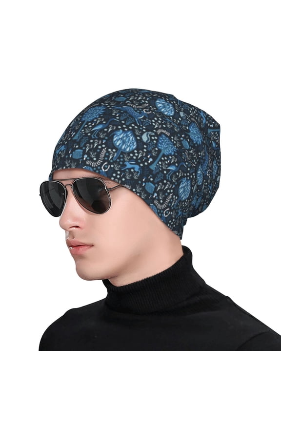 Winter Blue Forest Deer Knit Beanie, Soft Beanie Hat, Daily Beanie in Fine Knit for Women Men Winter