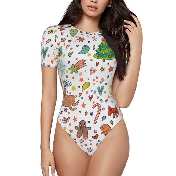 Easygdp Winter Christmas And New Year Deer Women's One-Piece Swimsuit Slim Fit Crew Neck Bodysuit Athletic Swimwear with Concealed Buckle - X-Large
