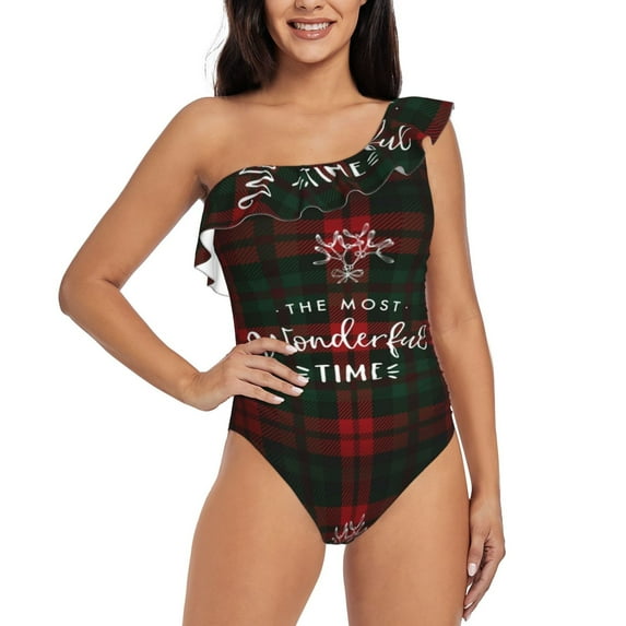 Easygdp Wonderful Time Christmas Women's One Shoulder Ruffle Monokini Bathing Suits with Removable Chest Pad, Quick Drying - Medium