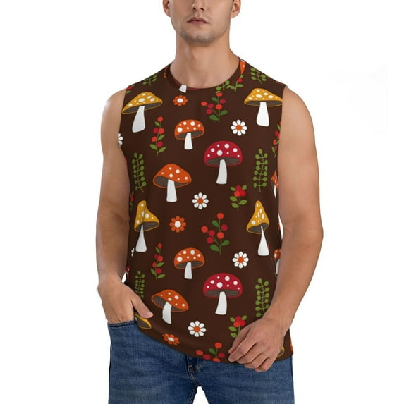 Easygdp Woodland Mushroom Men's Breathable Tank Tops Sleeveless Sporty T Shirts for Basketball, Mountaineering, Bodybuilding -X-Large
