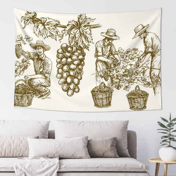 Easygdp Workers Cutting Grapes From Vineyard Tapestry Wall Hanging, Wall Tapestries for Bedroom Aesthetic Living Room Office Decor 60x40in