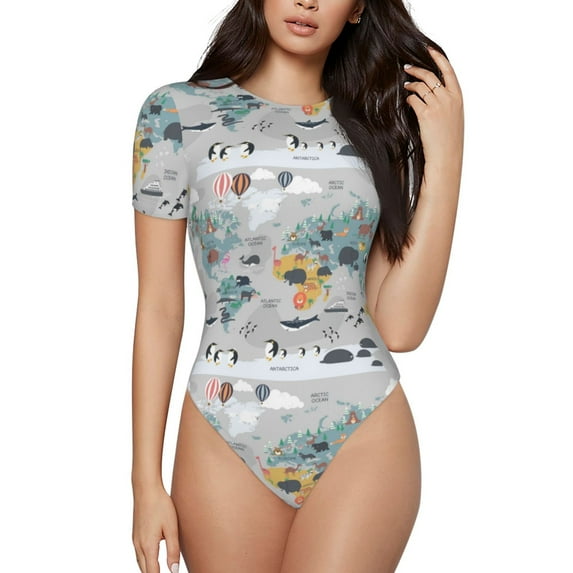 Easygdp The World Map With Cartoon Animals Women'S Waist-Cinching Short-Sleeved Onesie, Olastic Onesiet,Snaps At Bottom,Easy To Put On And Take Off - X-Large