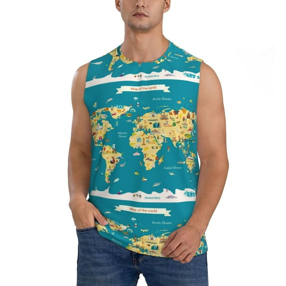 Easygdp World Map With Landmarks Men's Breathable Tank Tops Sleeveless Sporty T Shirts for Basketball, Mountaineering, Bodybuilding -Medium