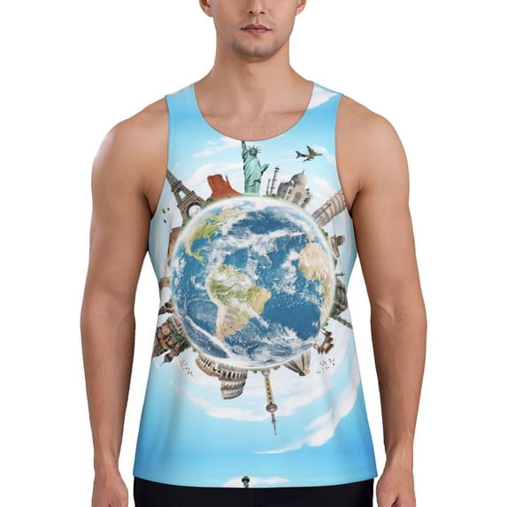 Easygdp World Travel Men's Tank Top, Sleeveless Muscle T Shirts, Breathable, Quick-Dry, Loose for Gym, Running, Fitness - Small