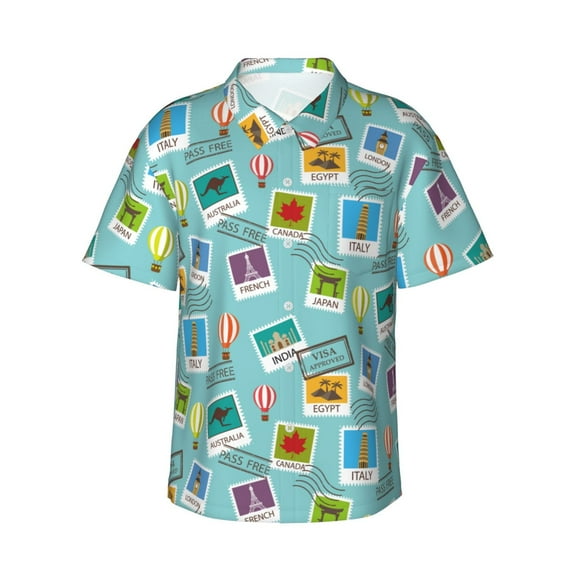 Easygdp World Travel1 Men's Hawaiian Shirts Print Lapel Short Sleeve for Beach, vacation, party, casual occasions - Small