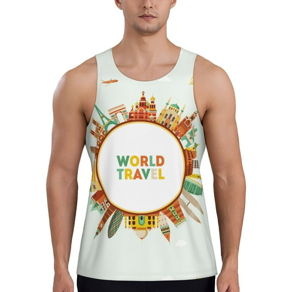 Easygdp World Travel3 Men's Tank Top, Sleeveless Muscle T Shirts, Breathable, Quick-Dry, Loose for Gym, Running, Fitness - X-Large