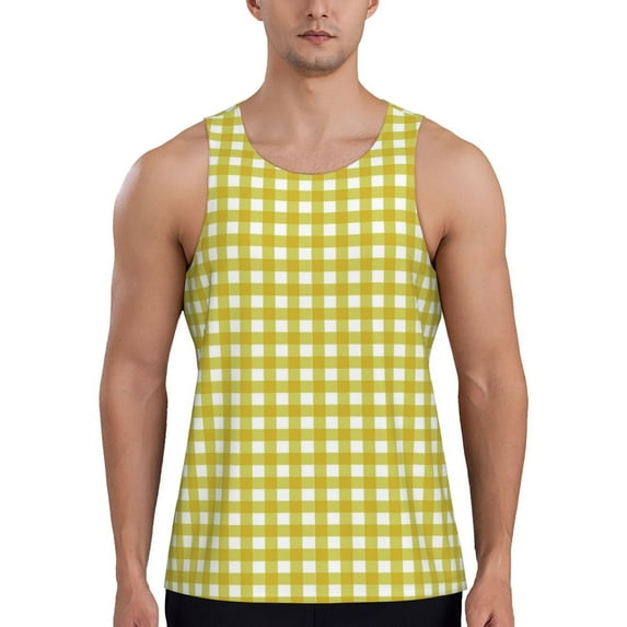 Easygdp Yellow Checkboard Men's Tank Top, Sleeveless Muscle T Shirts, Breathable, Quick-Dry, Loose for Gym, Running, Fitness -