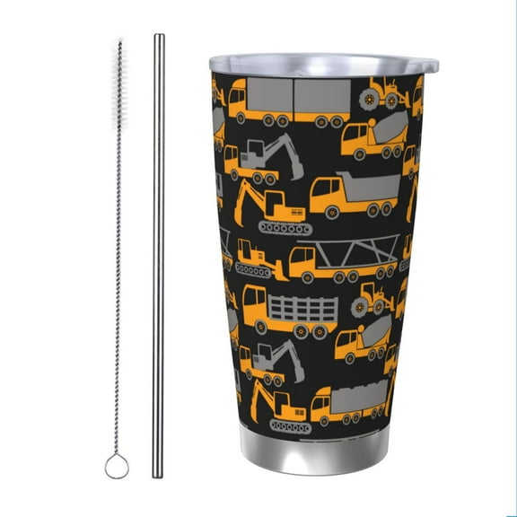 Easygdp Yellow Excavator 20oz Stainless Steel Vacuum Insulated Double Wall Travel Tumbler, Durable Insulated Coffee Mug with Spillproof Lid-Straw Two-piece Set