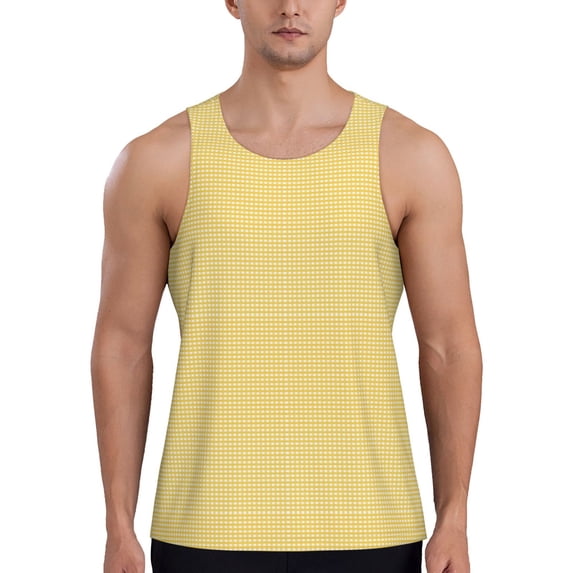 Easygdp Yellow Gingham Men's Tank Top, Sleeveless Muscle T Shirts, Breathable, Quick-Dry, Loose for Gym, Running, Fitness - Medium
