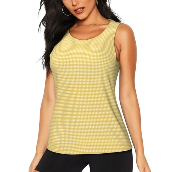 Easygdp Yellow Gingham Women's Workout Tank Top, Running Top, Hiking Shirt, Quick-Dry for Running, Yoga, Hiking - Small