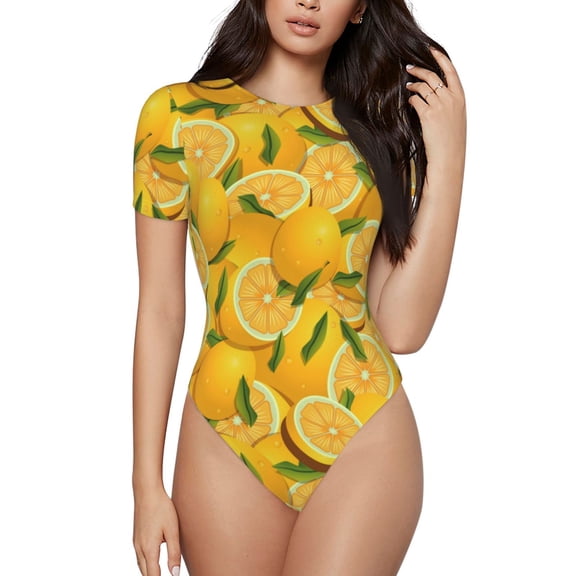 Easygdp Yellow Limes Women's One-Piece Swimsuit Slim Fit Crew Neck Bodysuit Athletic Swimwear with Concealed Buckle - X-Large