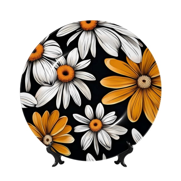 Easygdp Yellow White Daisy Pattern Bone China Decorative Plate Ceramic Dinner Plates Art Crafts with Display Stand-6in