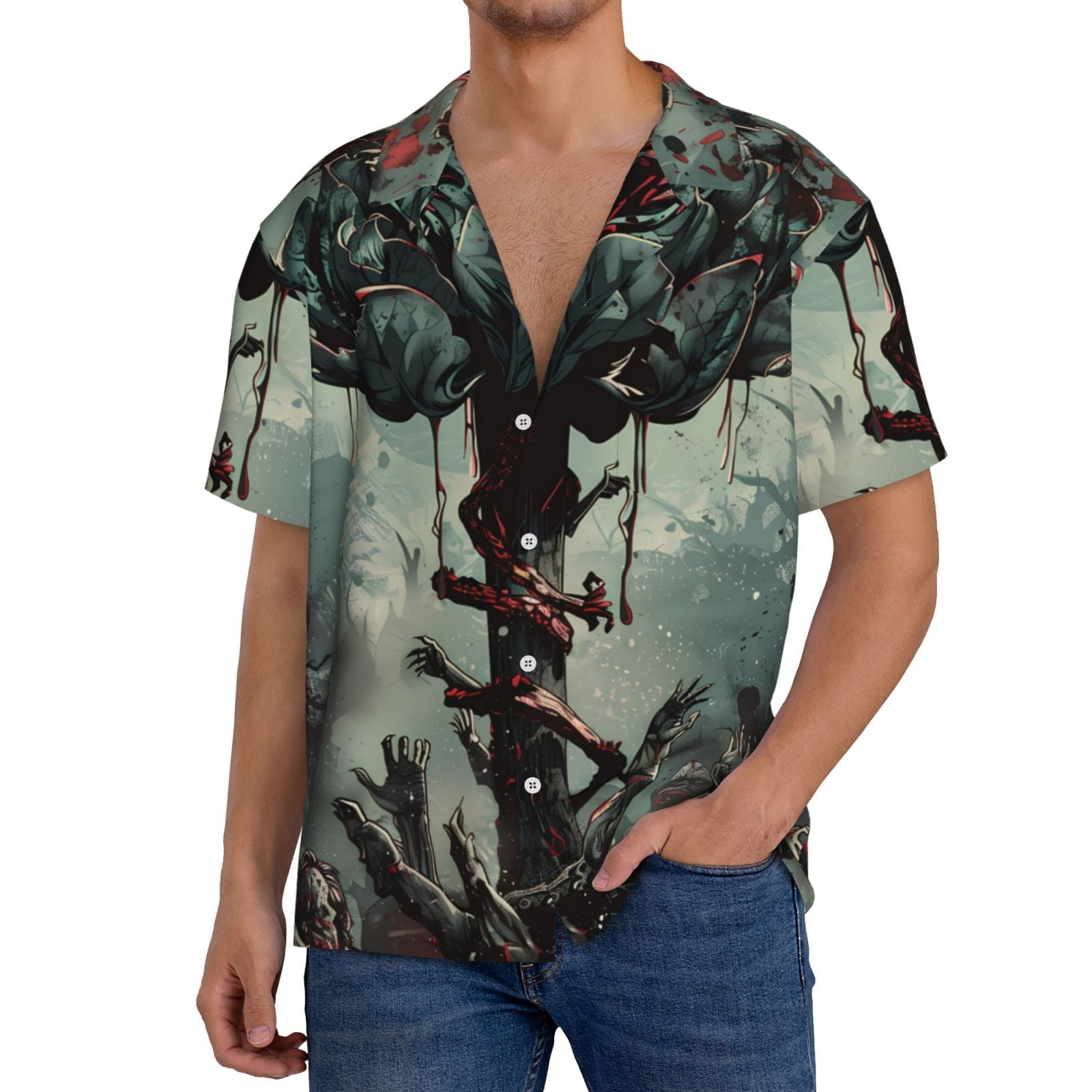 Easygdp Zombie Flower Apocalypse Mens Short Sleeve Button Down,Cuban